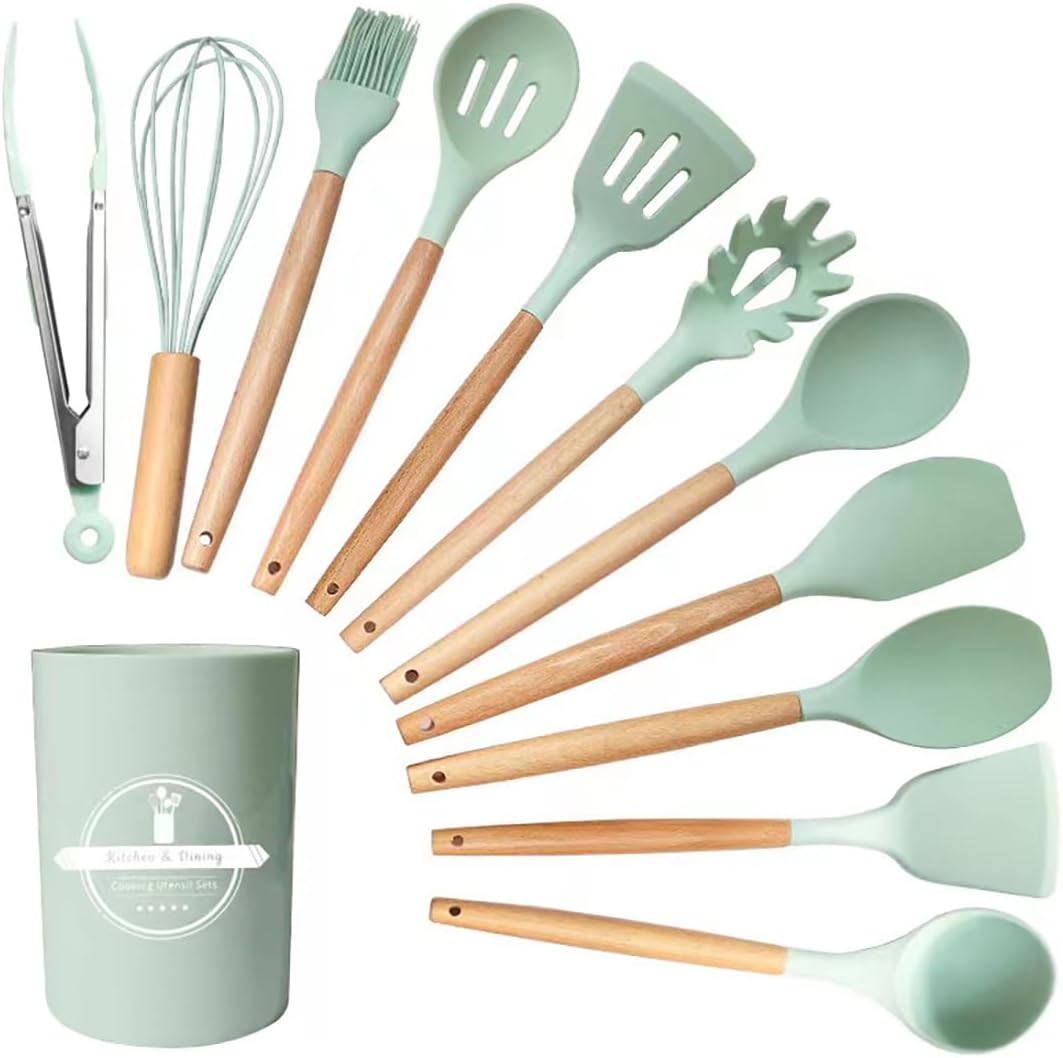 Kitchen Utensil Set, 12 PCS Silicone Cooking Utensils Set with Wooden Handle, Heat Resistant, Nonstick Cookware Tongs Spatula Spoon Set, Dishwasher Safe, Best Kitchen Tools (Green)