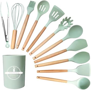 Kitchen Utensil Set, 12 PCS Silicone Cooking Utensils Set with Wooden Handle, Heat Resistant, Nonstick Cookware Tongs Spatula Spoon Set, Dishwasher Safe, Best Kitchen Tools Green
