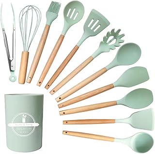 Kitchen Utensil Set, 12 PCS Silicone Cooking Utensils Set with Wooden Handle, Heat Resistant, Nonstick Cookware Tongs Spatula Spoon Set, Dishwasher Safe, Best Kitchen Tools (Green)