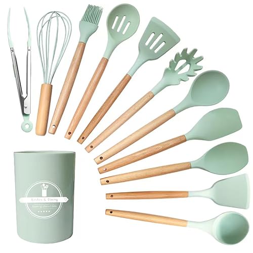 GJIE Kitchen Utensil Set, 12 PCS Silicone Cooking Utensils Set with Wooden Handle, Heat Resistant, Nonstick Cookware Tongs Spatula Spoon Set, Dishwasher Safe, Best Kitchen Tools (Green) - Green