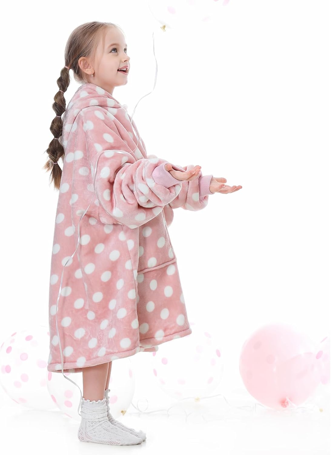 Aemicion Pink Polka Dot Wearable Blanket Hoodie for Girls 6-12, Kids Oversized Hooded Blanket with Sleeves, Soft Fleece & Sherpa Lounge Wear, Cute Birthday Christmas Gifts for Girls