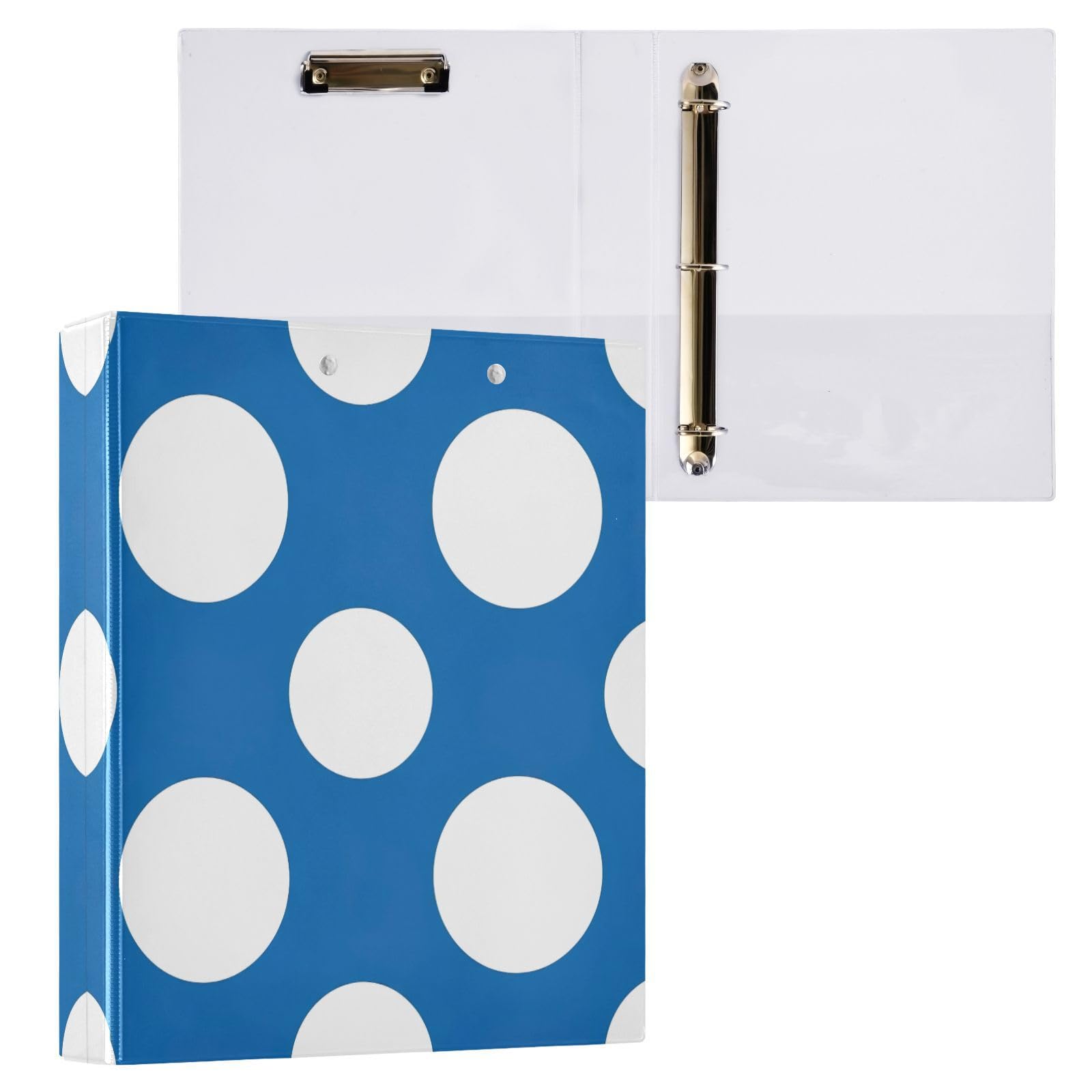 Carpeta de 3 anillos con lunares blancos y azul sólido, carpeta de anillos en D, paquete de 2 | Con portapapeles y bolsillos, para escuela, universidad, oficina
