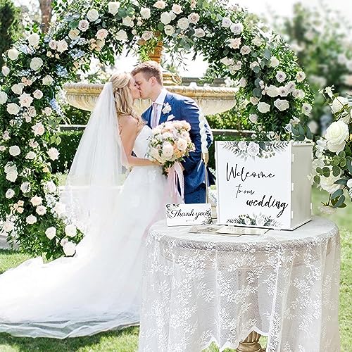 Image of OurWarm White Wedding Card Box with Lock, PVC Gift Card Box for Wedding Reception, Eucalyptus DIY Wedding Money Envelope Card Box for Party Graduation Baby Shower Birthday Decorations