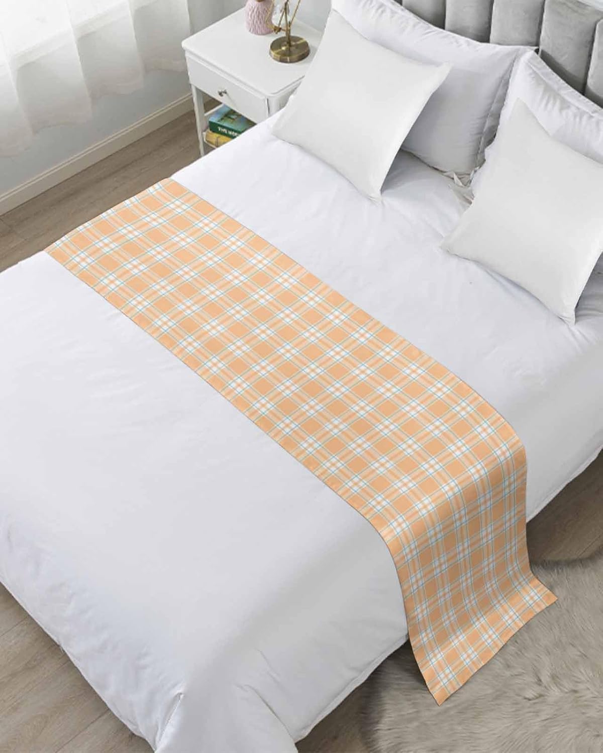 Orange White Check Bed Runner Scarf Full Queen Size, Farmhouse Fall Buffalo Plaid Luxury Bed Throw Runners & Scarves for Twin Full Queen King Foot of Bed, Bedroom Hotel Decoration, 83"x20"