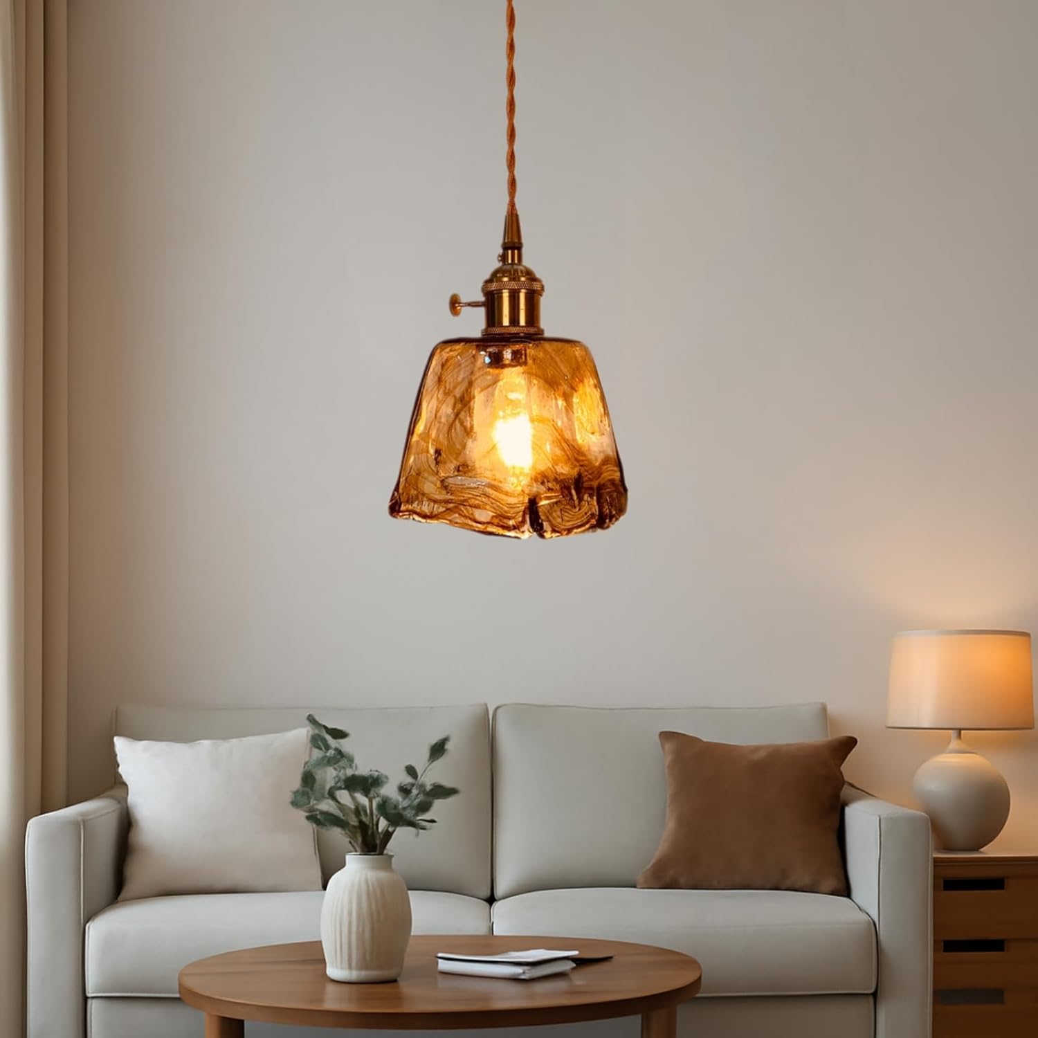 Vintage Amber Glass Pendant Light with Brass Gold Socket E26 Holder and Switch,Adjustable Cord Caramel Coffee Hanging Ceiling Lamp for Kitchen Island Dining Room Bedroom (A)