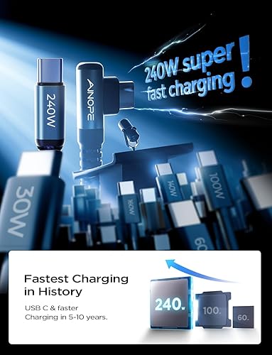 Vista 16 de AINOPE Cable USB C a USB C de 240 W (paquete de 2 unidades de 6.6 pies USB C) USB C a USB C, cable de carga rápida USB C en ángulo recto para iPhone