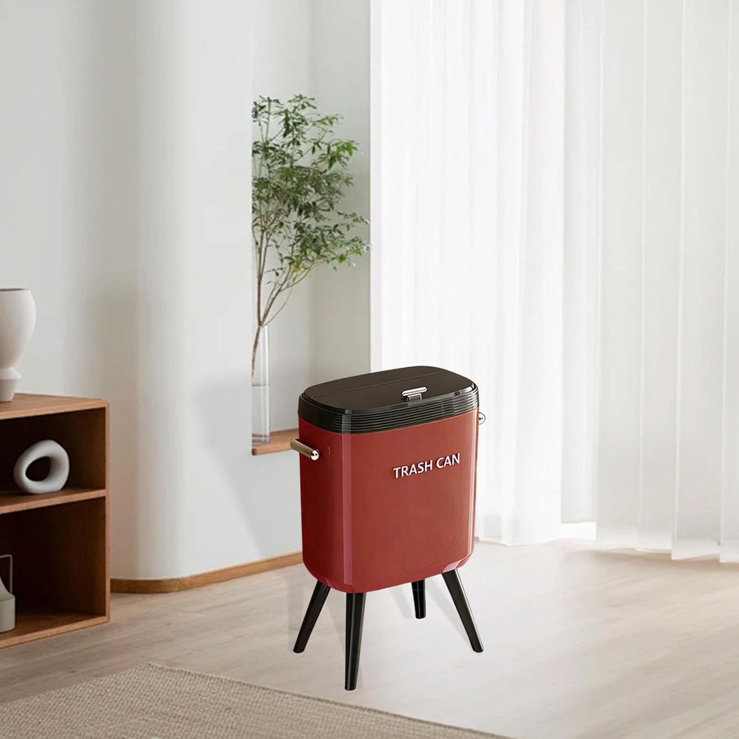 Garbage Can with Legs Dustbin High Foot 15L Large Capacity Household No Bending Wastebasket for Office Bedroom Kitchen Toilet, Red