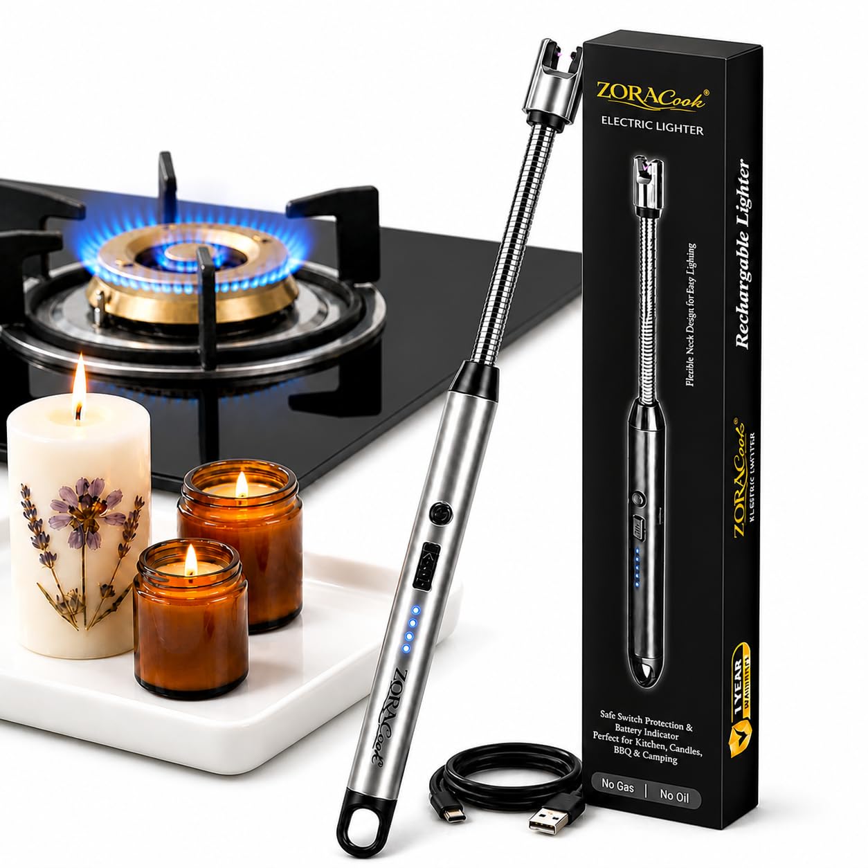 Rechargeable Electric Gas Lighter for Kitchen, Plasma Lighter for Gas Stove, BBQ, Pooja, Camping, Resin Art, Diwali, 1 Year Warranty, C-Type USB, 360° Flexible & Windproof, Multicolor-picture-32