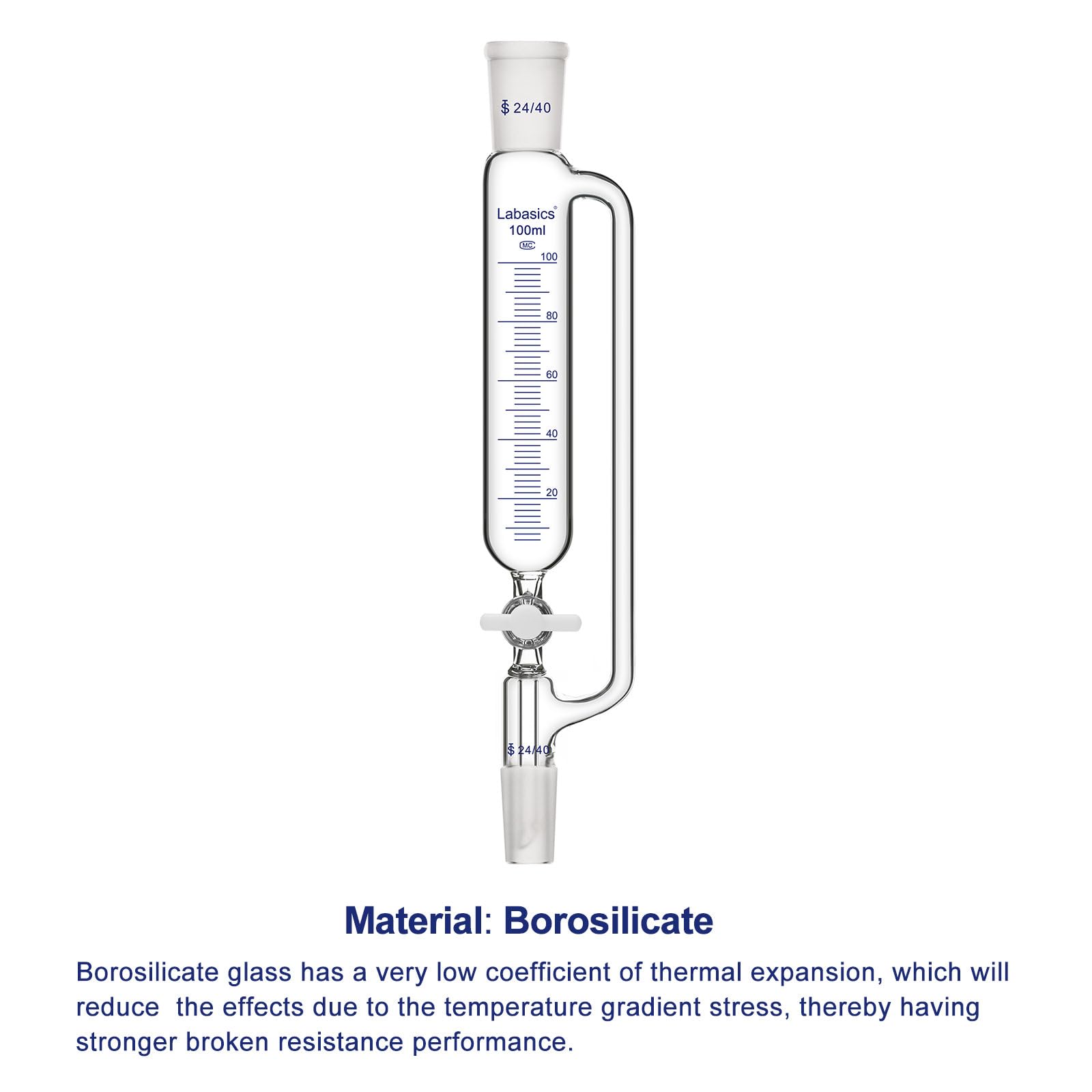 Labasics Graduierter Druckausgleichs-Additionstrichter mit PTFE-Hahn, Borosilikatglas Tropftrichter für Labor Titrationsreaktionen, 24/40 Schliff, 100 ml