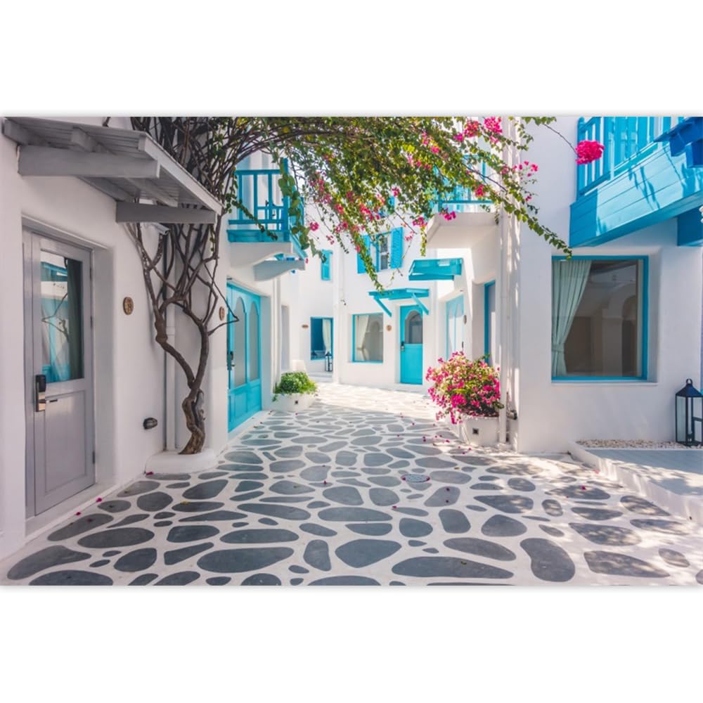 Leowefowa Winylowe greckie tło fotograficzne Santorini Grecja Wąska Ulica Tło Maroko Grecja Wesele Tło Muzyczny Dramat Tło Ślubne Ślub Fotobudka Rekwizyty Baner