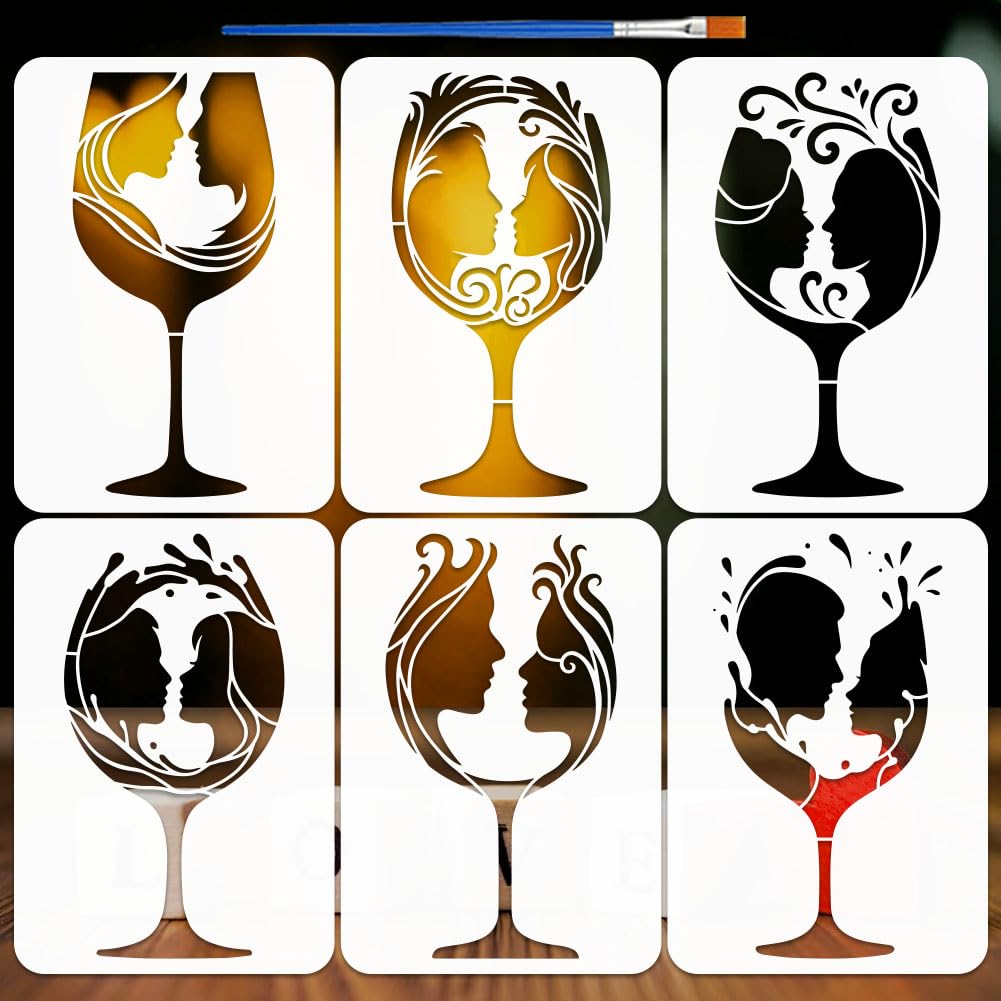 FINGERINSPIRE 6Pcs Wine Glass Couple Stencils with a Brush 29.7x21cm Wine Glass Painting Stencils Couple Stencil PET Human Themes PET Template for Floor Tile Wall DIY Wedding Valentine's Day Decor