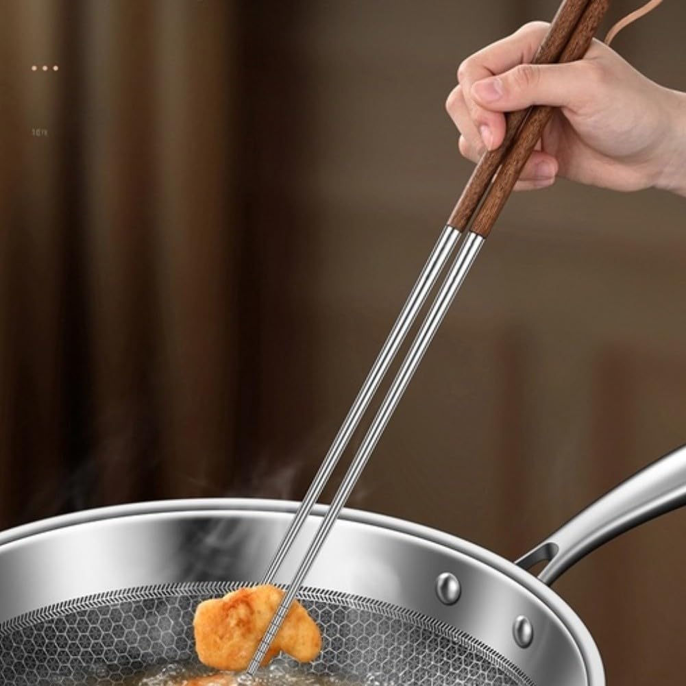 Bacchette da cucina extra lunghe 40 cm in acciaio inox con manico in legno per friggere pentole calde punte antiscivolo strumento da cucina marrone
