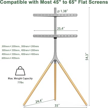 UPGRAVITY TV Easel Stand with Tripod Base for 45-65 inch LED LCD OLED Flat Screens, 180Swivel TV Floor Stand for Apartment, Bedroom, Studio - Height Adjustable Portable TV Stand w/Cable Ties, Gray