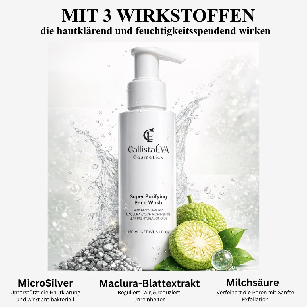Sanftes Gesichtswaschgel mit MicroSilver & Maclura-Blattextrakt,Akne Blemish, Reinigt porentief, Akne,Unreinheiten, Kontrolliert Öl, Milchsäure AHA,für fettige, empfindliche & unreine Haut 150ml