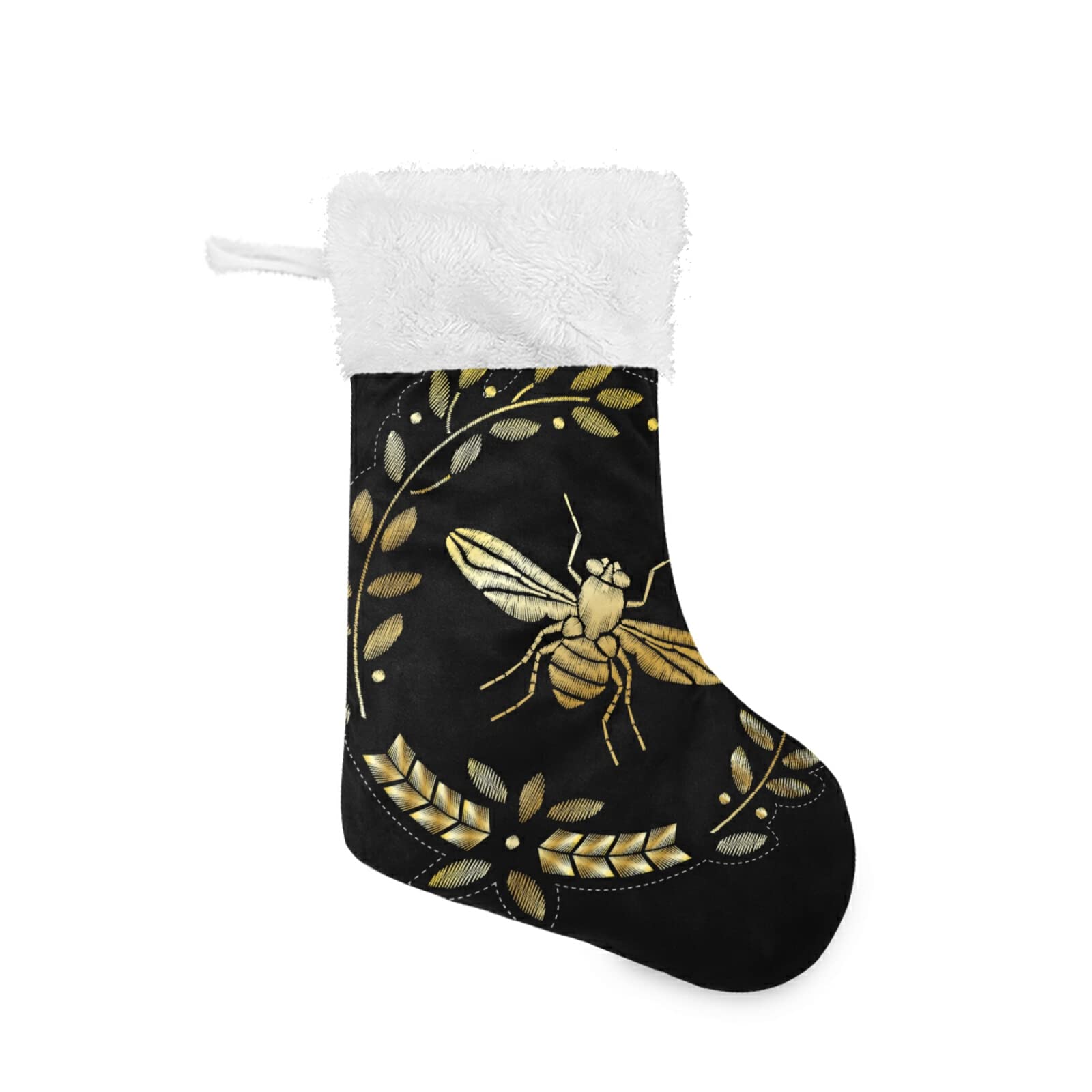 Embroidery Heraldry with Yellow Gold Bee Golden Bee on Black Dark 1 PC Christmas Stockings, Large Burlap Plush Faux Fur Cuff 18"x8" Stockings for Bed Stairs Fireplace Xmas Tree Party Accessory