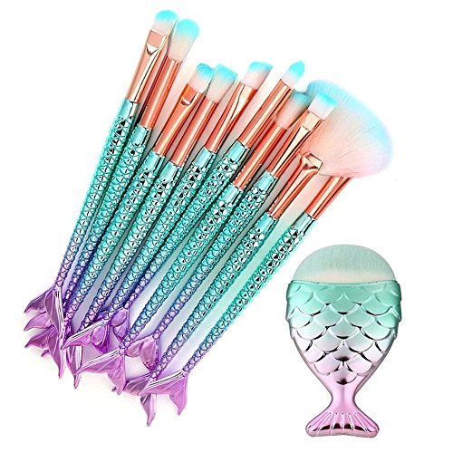 Affei 7Pcs Mermaid MakeUp Brushes Set Eyebrow Eyeliner Blush Foudation Cosmetic Tools (Colorful)