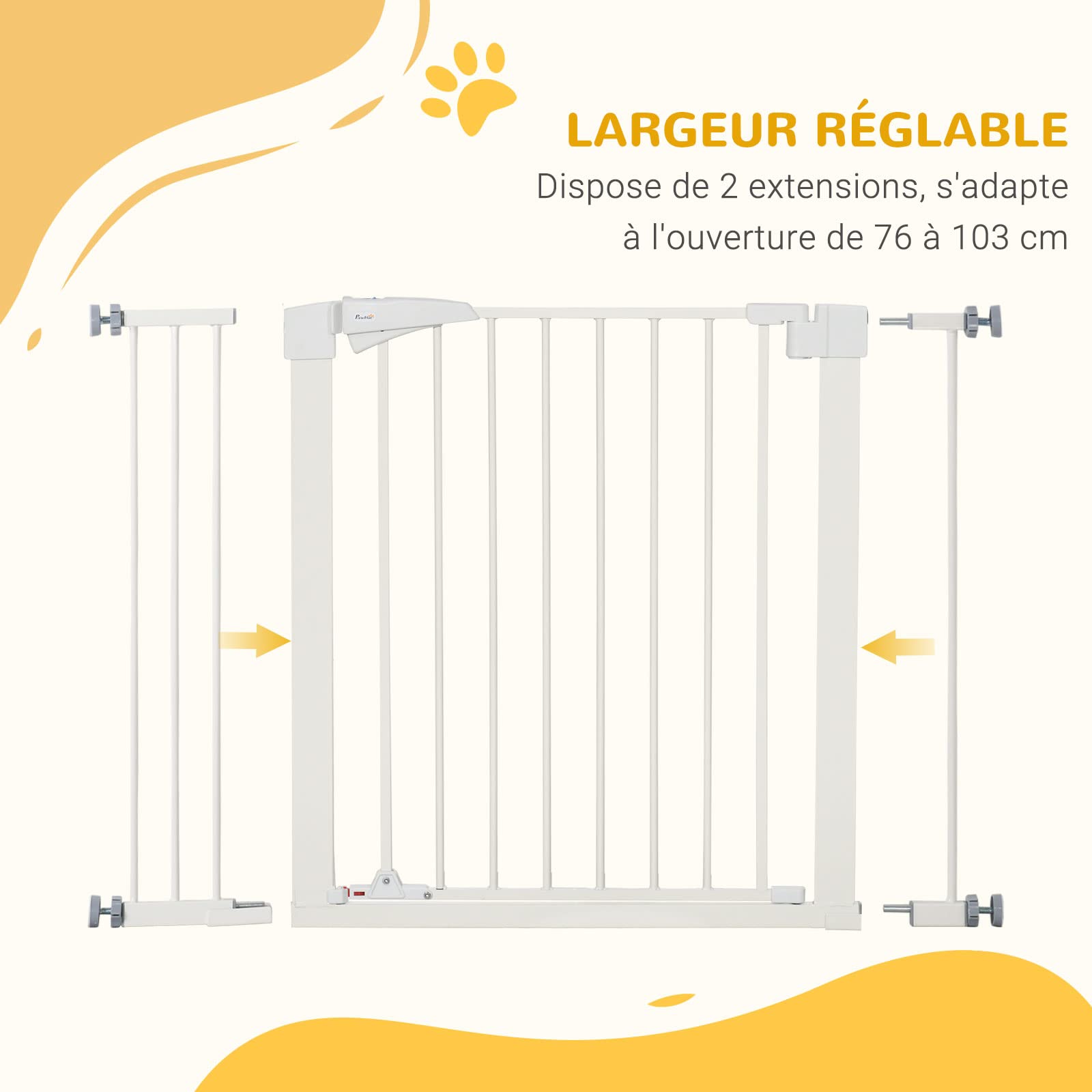 PawHut Barrière de sécurité pour Chien Extensible, Largeur 76-103 cm, sans perçage avec Fermeture Automatique et Double Verrouillage, Hauteur 77 cm pour escaliers, couloirs, Blanc