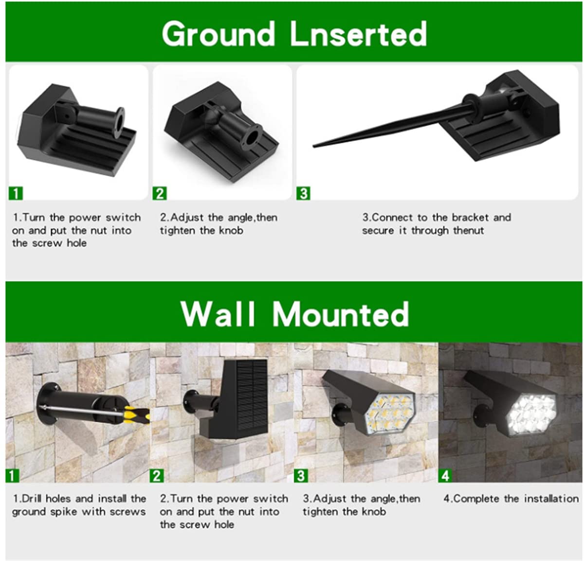 Focos solares para Exteriores, focos LED de 3 Modos para paisajes solares, Luces de Seguridad con energía Solar IP65, Luces de Pared Impermeables para jardín de Patio de Pasarela