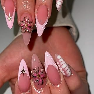 24Pcs Handmade Flower Press on Nails Long Stiletto Fake Nails French Tip False Nails with Floral Rhinestone Design Pink Almond Nails Press ons Spring Summer Artificial Glue on Nail for Women