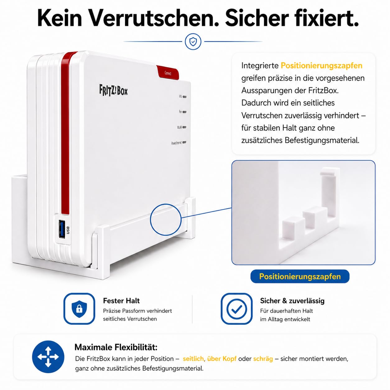 OSAZEE Wandhalterung für AVM FritzBox 5690 Pro – 9 cm Wandabstand für optimale Kabelführung – Überkopf & Untertisch montierbar – inkl. Schrauben & Dübel – Made in Berlin