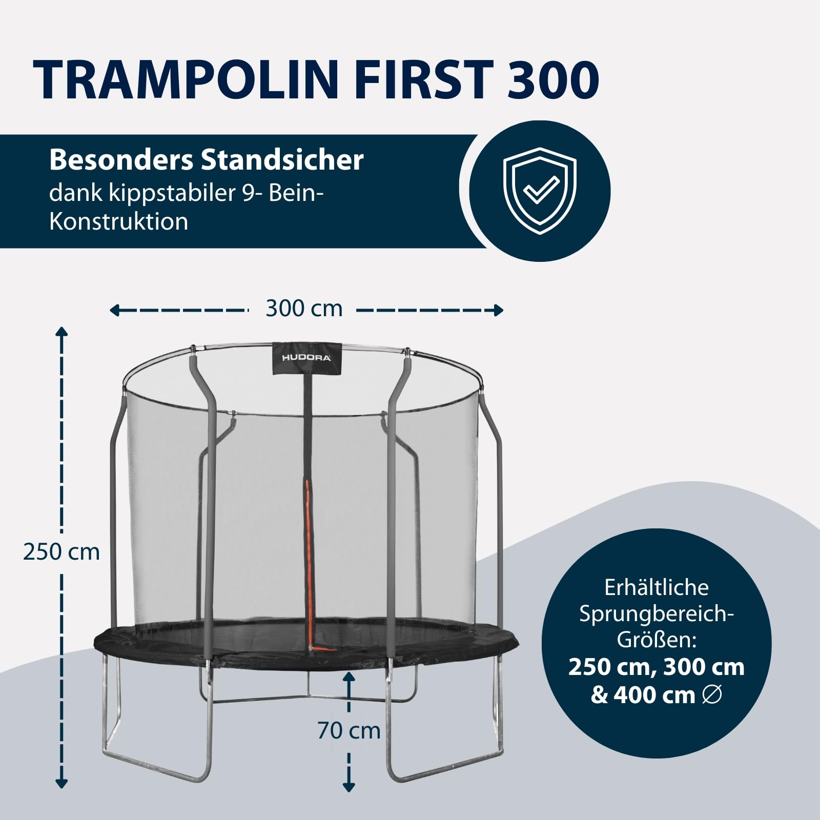 HUDORA Trampolin First in versch. Größen - Trampolin Outdoor mit UV-Stabiler Randabdeckung & Sicherheitsnetz - Gartentrampolin für Kinder & Erwachsene - hochwertiges Kindertrampolin