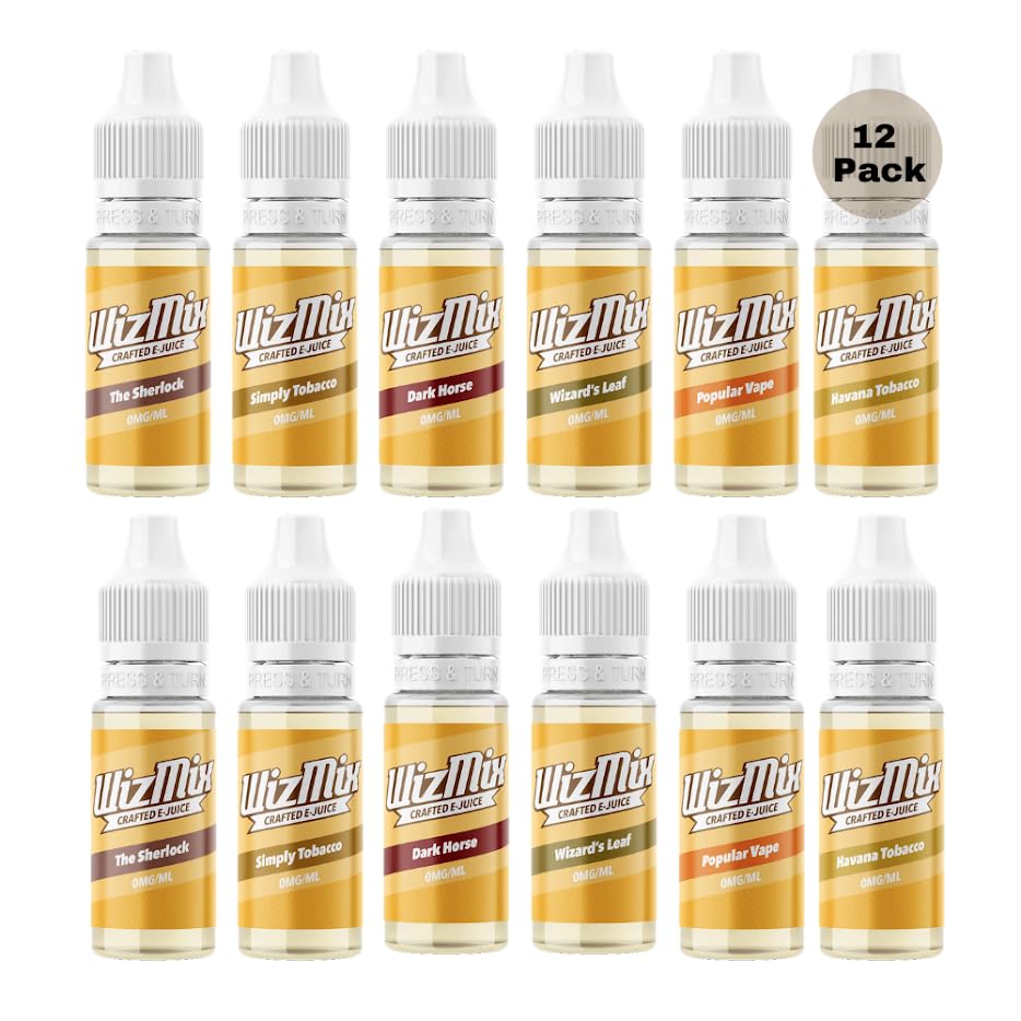 WizMix Vape Liquids | 12 Pack 10ml Premium E-Liquids | 50/50 VG/PG Bottles For All Day Vaping | 0% No Nicotine Vape Juice | Value Multipack 6 Flavours | Suits All Ecig Kits (Tobacco Pack)
