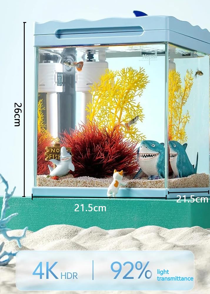 Acuario Silencioso De Vidrio De Dormitorio, Kits De Tanques De Pescado Betta Transparentes HD, 21.5 × 21.5 × 26 Cm, Arranque De Acuario De Autolimpieza De Escritorio,Azul