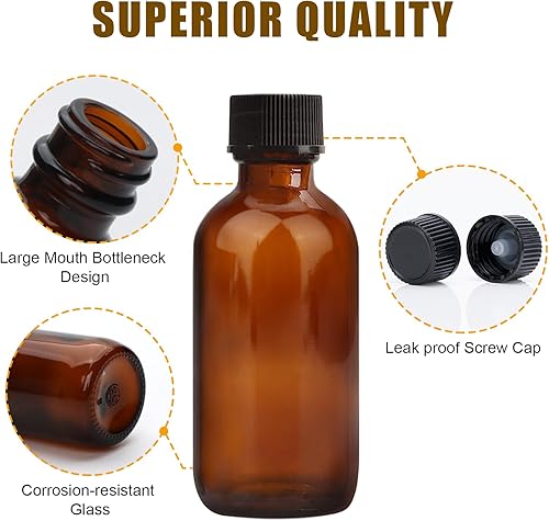 Miniatura 3 de Botellas de vidrio ámbar de 2 onzas, pequeñas botellas redondas de vidrio Boston (paquete de 80) con tapas a prueba de fugas, recipiente recargable