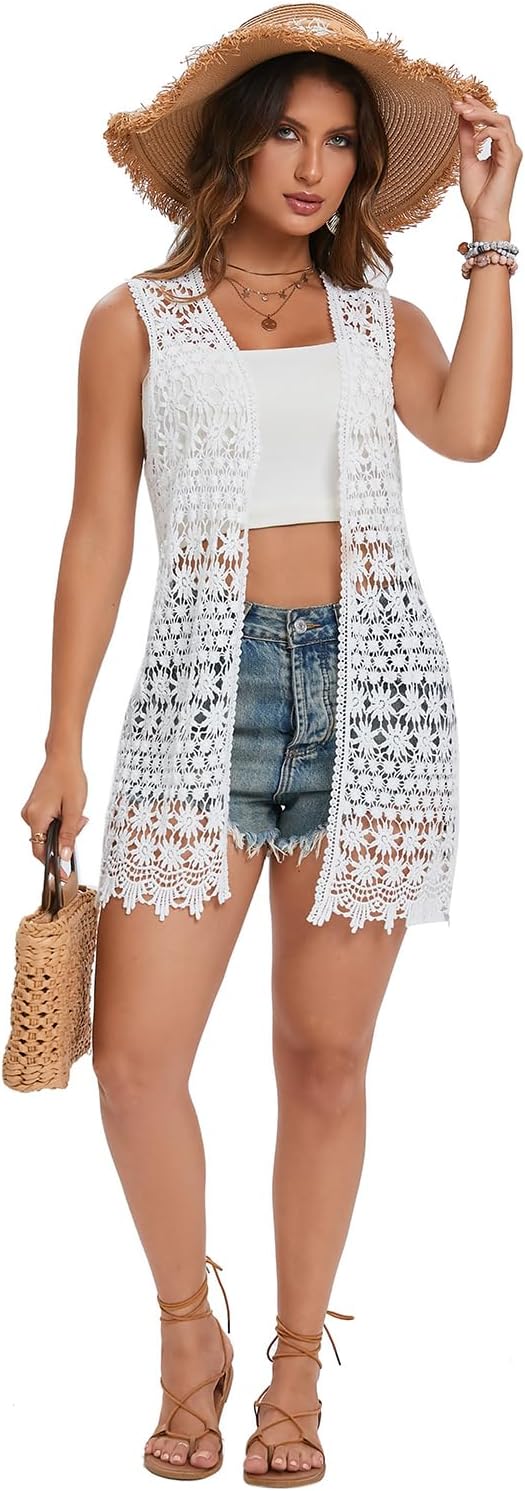 GLEAMISS Women's Crochet Floral Vest Lace Trim Boho Sleeveless Cardigan - Image 6