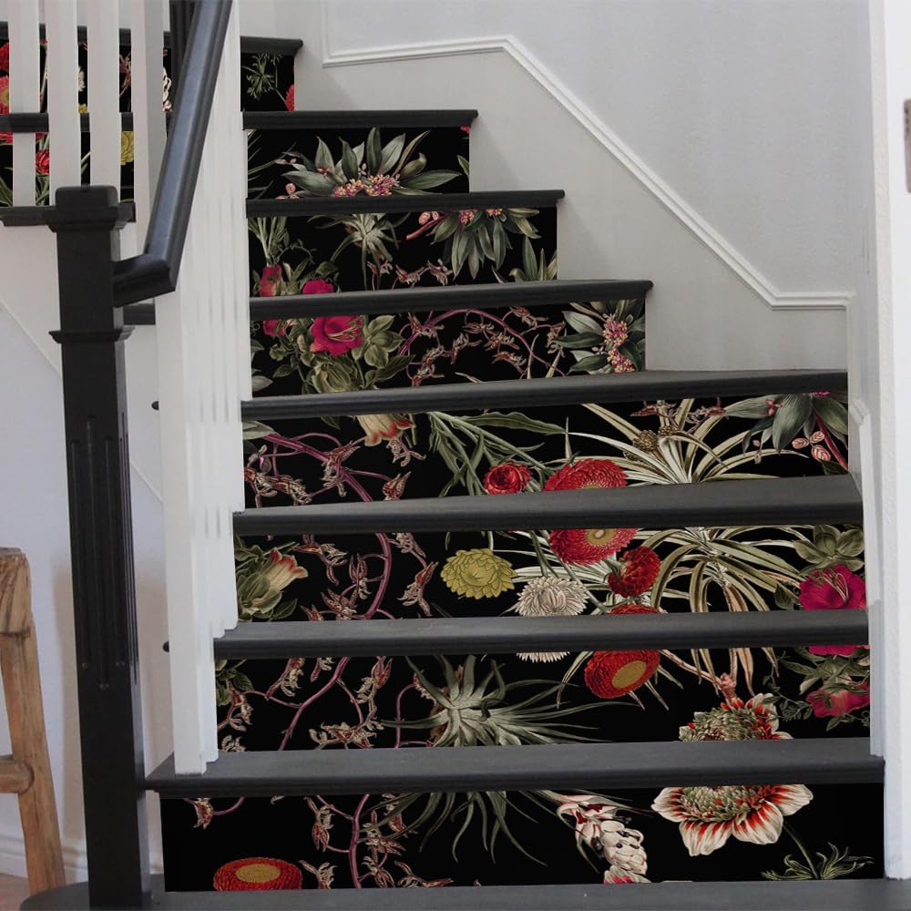 REDAMANCY Black red Flower Vintage Plants Peel and Stick Vinyl Stair Riser Decals Staircase Tile Stair Stickers Abstract Art Decor Modern Marble Decoration Mural Self-Adhesive Wallpaper (14 Pcs)