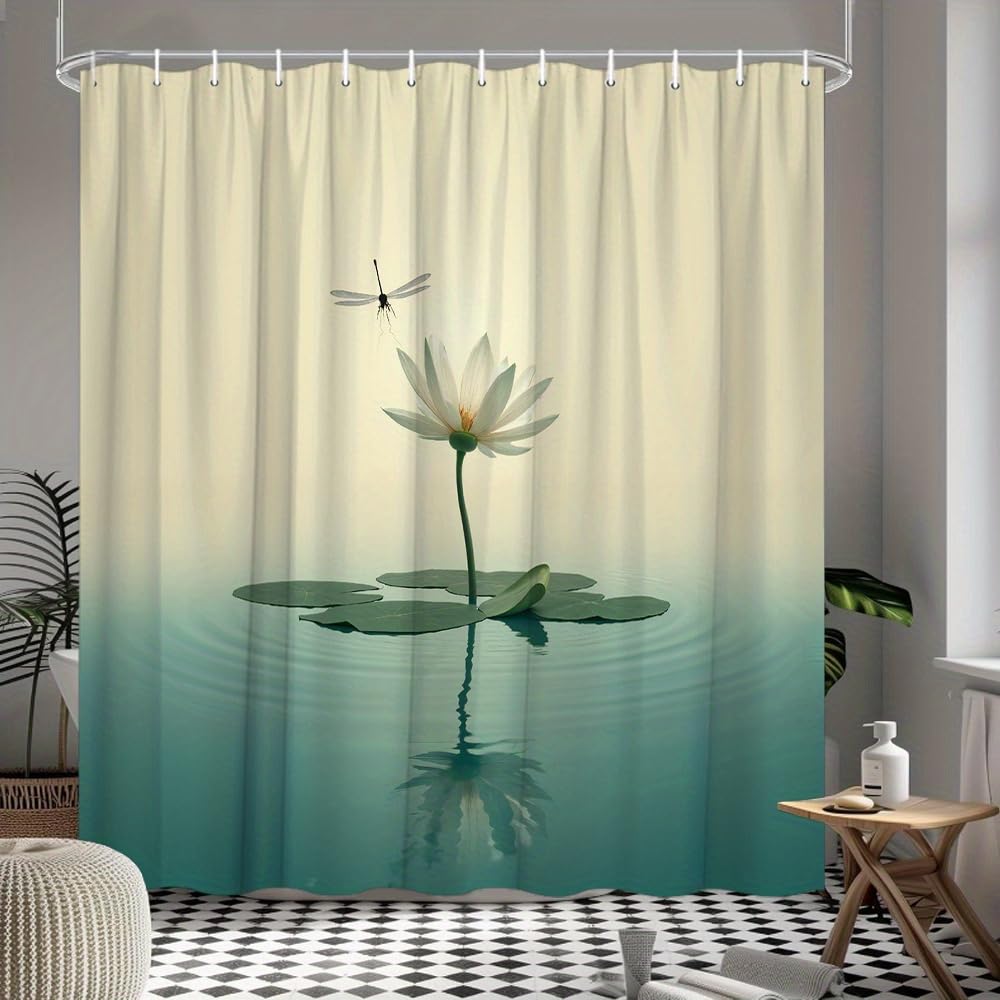GLWDMB 1 Piece 150x180CM White Water Lily and a Dragonfly Printed Shower Curtain With Hook, Polyester, for Windows And Walls, Bathtub, Bathroom, Machine Washable, All Season Universal