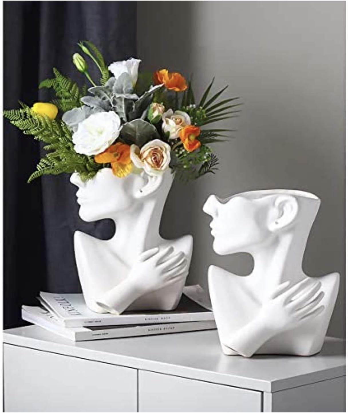 Ceramics Statue Flower Vase Face Pots Bust Head Shaped for Birthday Gifts Home Office Decoration (White)