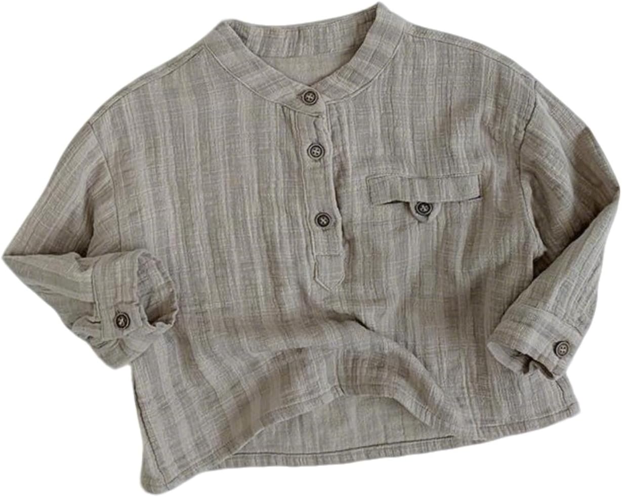 Toddler Boys Striped Linen Shirt Baby Button Up Long Sleeve Blouse Summer Fall Casual Soft Dress Shirts with Pocket