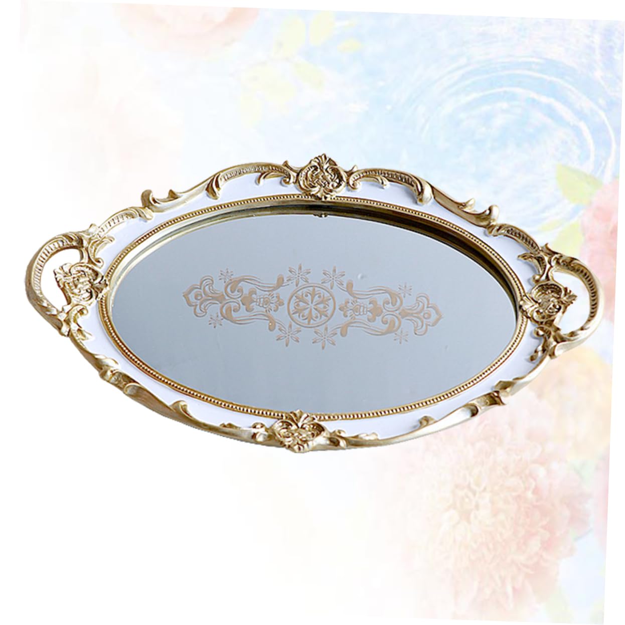 Cabilock Vassoio Decorativo Oval Storage Tray Resina Con Superficie Specchiata Porta Gioielli e Accessori Per Casa Design Floreale Bianco