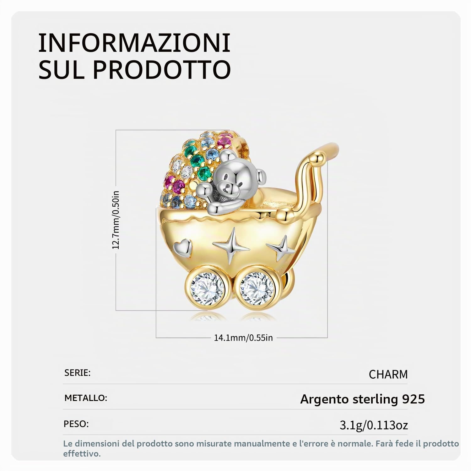 Charm Nascita Gravidanza Carrozzina dorata Mamma Passeggino Orsetto Bambino in argento 925 - Les Folies per Pandora