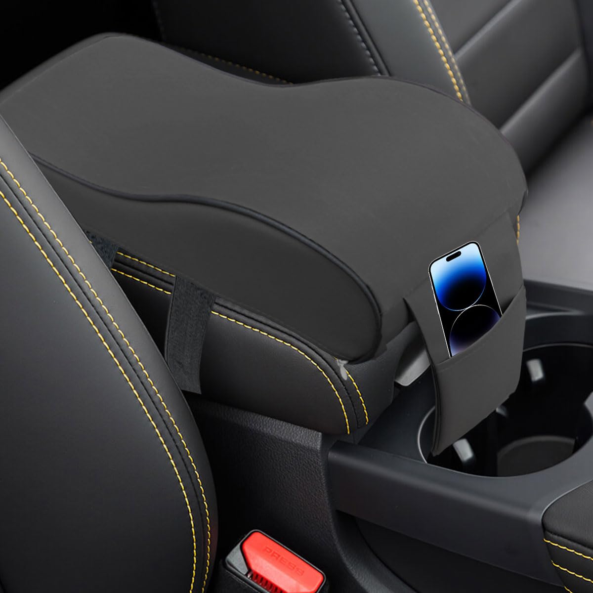 Car Armrest Cushion, Memory Foam Car Center Console Pillow Cushion with Phone Holder Storage Bag, Leather Arm Rest Pillow Cover, Universal Car Armrest