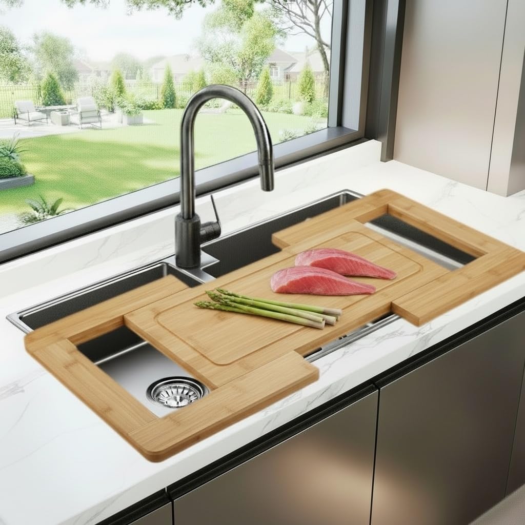 Planche à découper pour évier de cuisine – Planche à découper extensible pour évier avec bac d'égouttement, planche à découper en bambou, planche à découper extra large, planche à découper montée sur