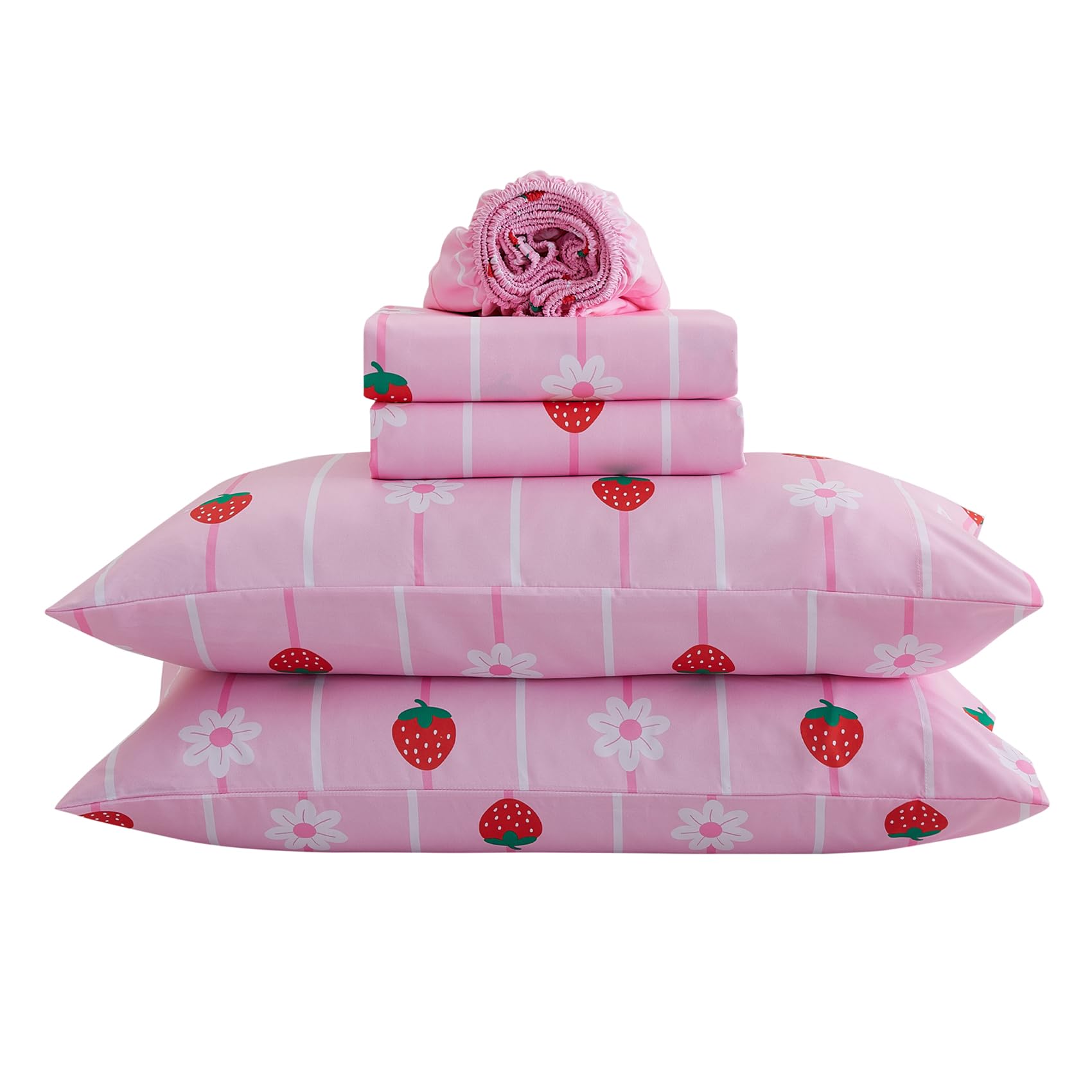Yibeizi Pink Strawberry Sheets Twin Size Cute Floral Bed Sheets