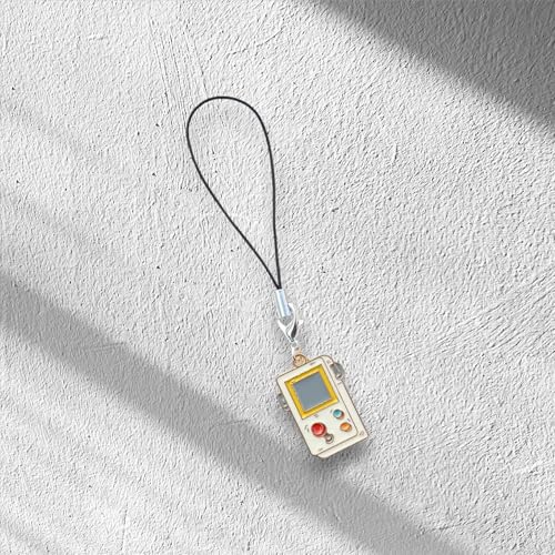 Image of Retro Gaming Console Phone Charm, Mini Handheld Design, Yellow and White