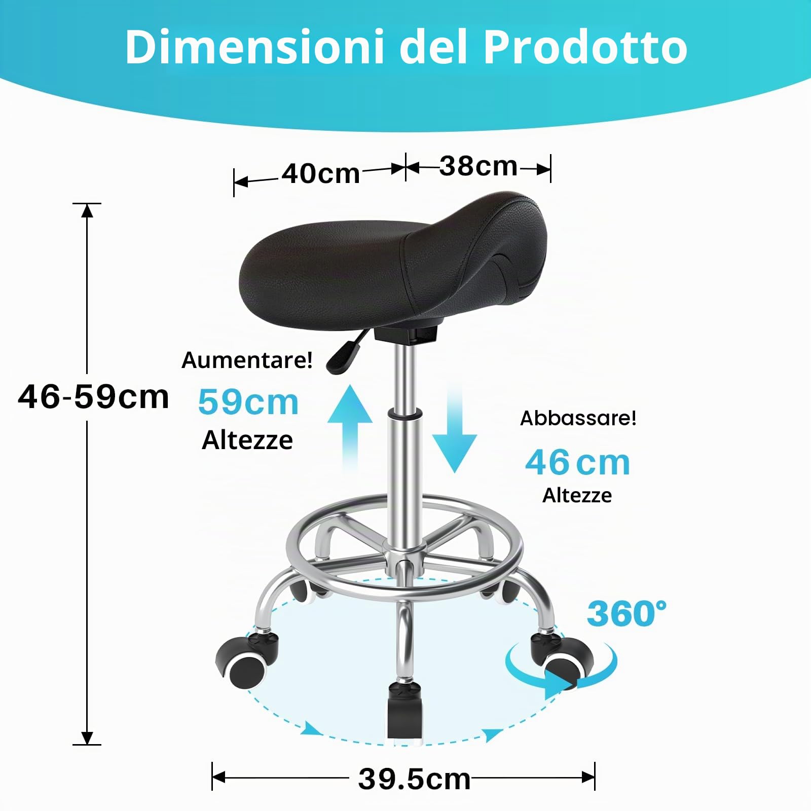 Sgabello da sella per cavallo anti-mal di schiena, sgabello ergonomico con ruote, sgabello estetico regolabile in altezza da 46 a 59 cm, sgabello con ruote imbottite per dentista (nero)