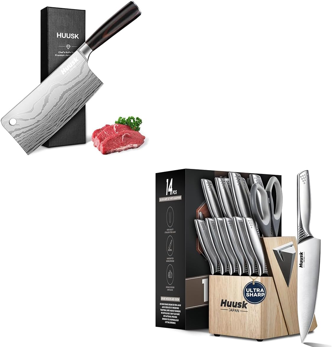 Huusk Knife Set with Block and Sharpener, Sharp Silver Professional Knives Set with Box for Kitchen, Chopping Knives for Kitchen and Camping, Christmas Gifts