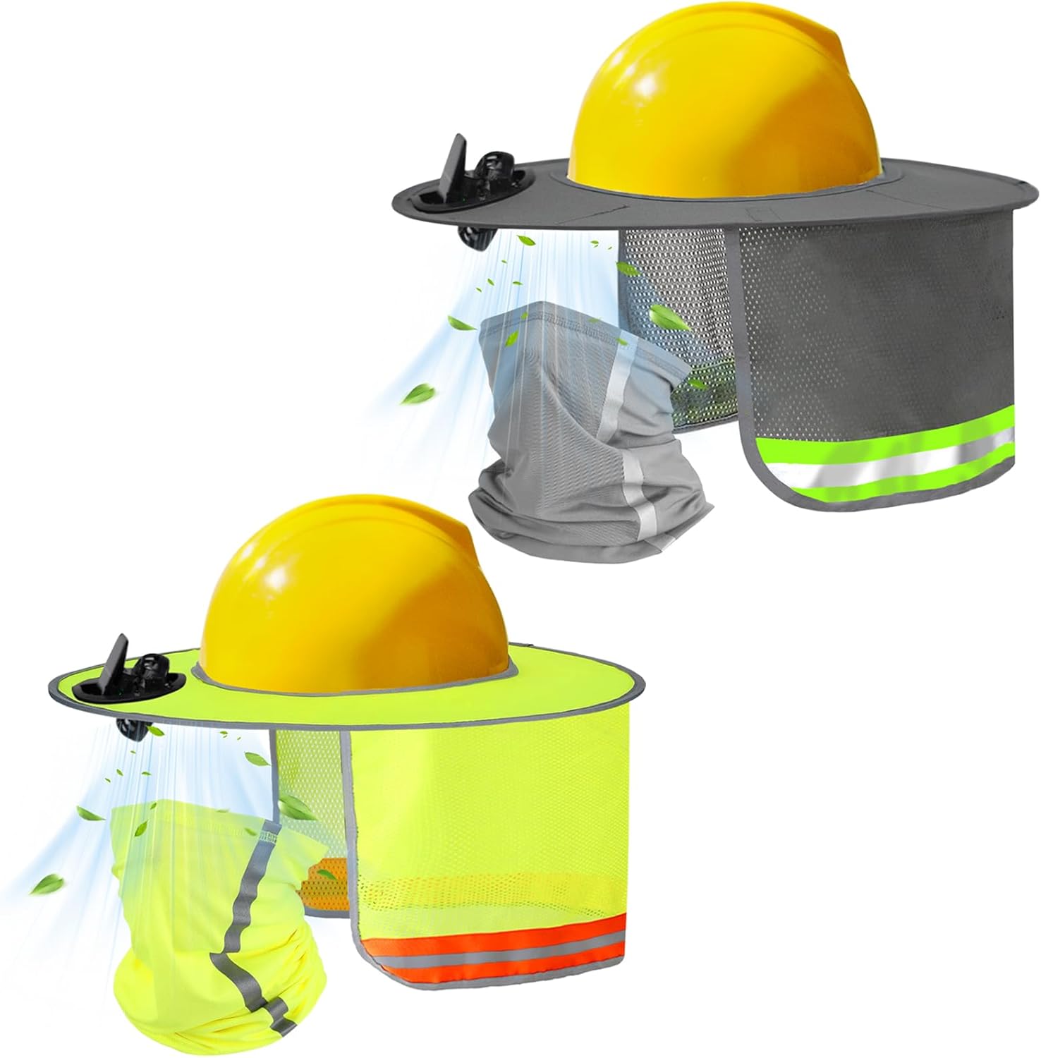 2 Set Solar Fan Hard Hat Sun Shade with Face Shield, Outdoor Fishing Hat Sun Visor for Men Women, Construction Accessories Full Brim Mesh Sunshade with Reflective Strip, Neon Yellow & Gray