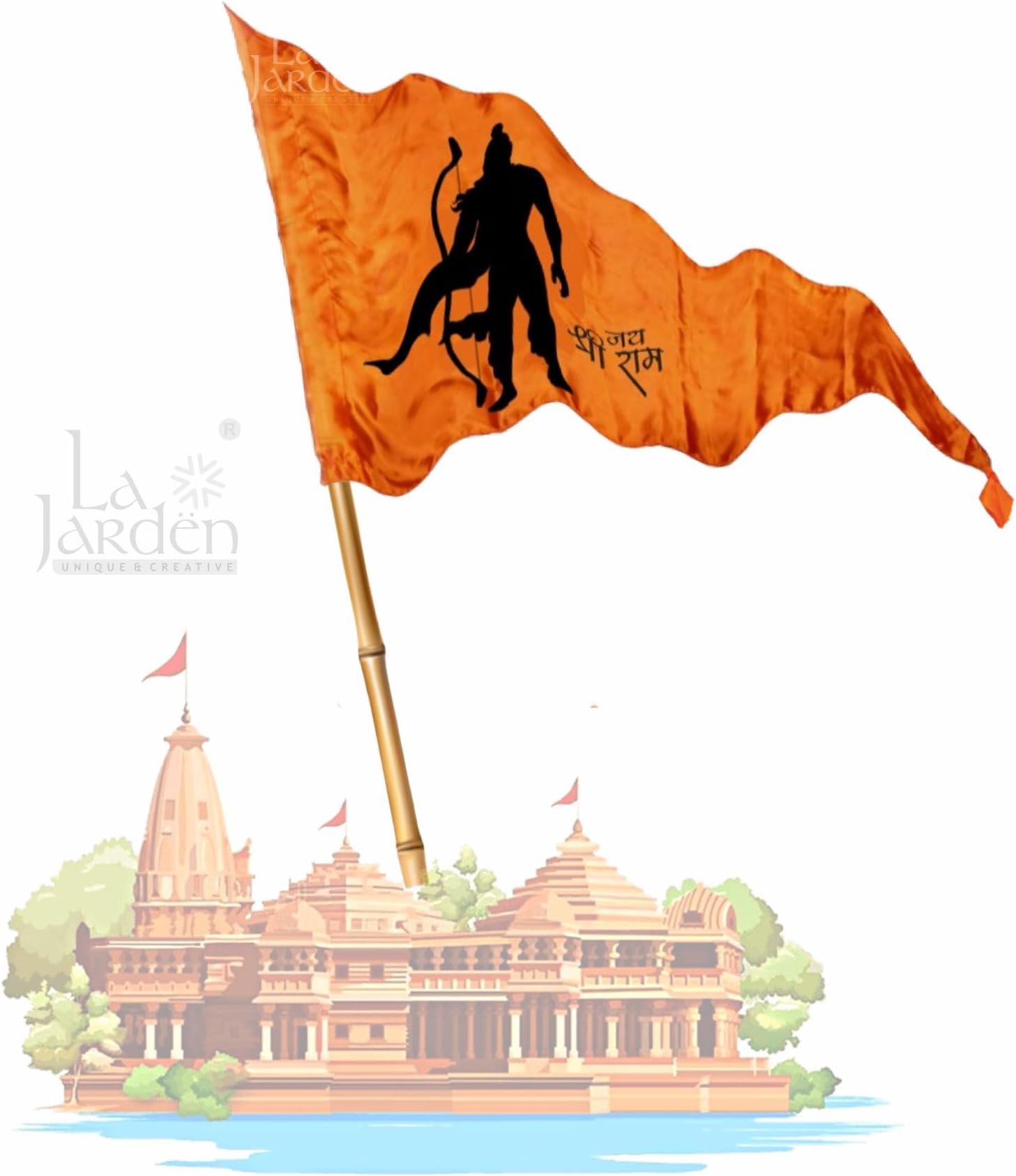 La Jarden Bhagwa, Flag, Jai Shree Ram Printed Bhgwa Dhwaj / Pataka Religious, Spritual Celebration purpose Orange color (Large Size one nos. 36x54inches) Ramji ka jhanda, Triangle Outdoor Flag (Silky, Shiny Satin Cloth)