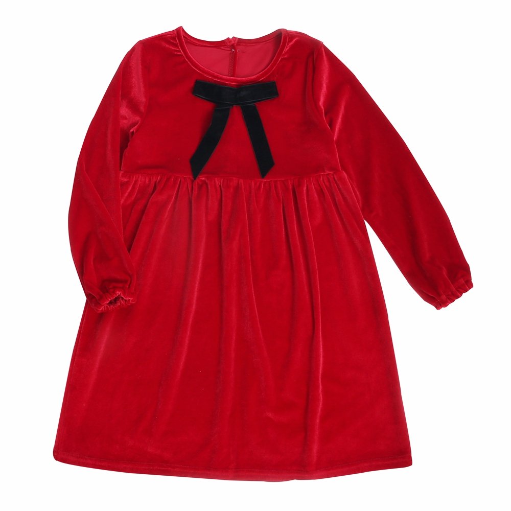 Winter Girl Dress Red Velvet Long Sleeves Clothes Princess Dresses Bow Warm