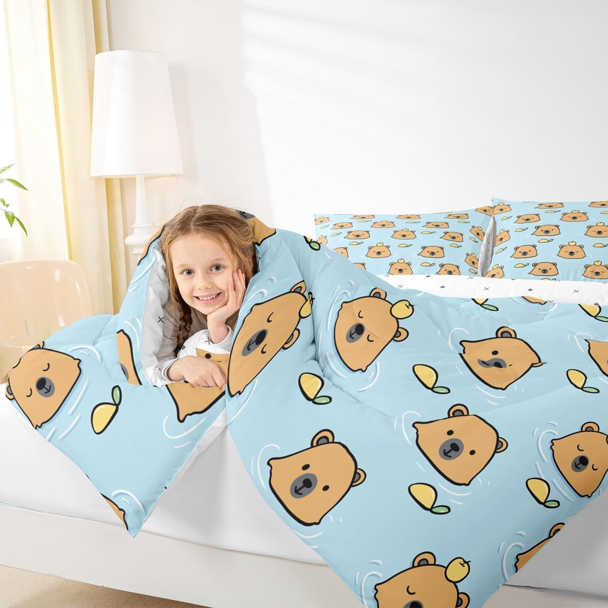 jejeloiu Capybaras Bedding Set Twin Size Cute Animals Orange Comforter Set for Kids Boys Girls Cartoon Funny Capybara Decor Comforter Microfiber Floral Duvet Set Bedroom Quilt Set
