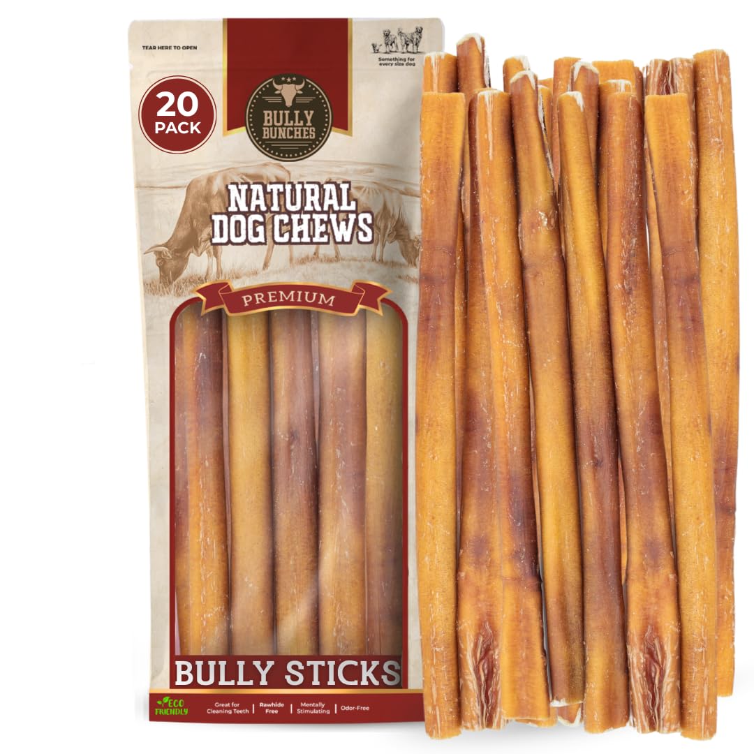 Bully Bunches Premium (12" Standard - 20 Pack) Odor-Free Bully Sticks for Small &amp; Medium Dogs - Consistently Sized, Long Lasting Chew Bones - All Natural &amp; Single Ingredient, 100% Beef Dog Treat
