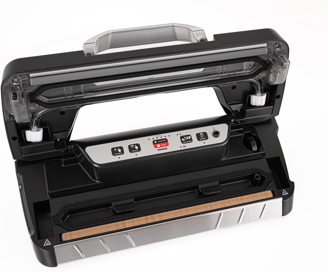 Inside view of the ROMMELSBACHER VAC 285 Vacuum Sealer with the lid open