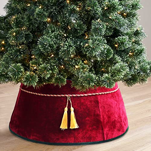 Meriwoods Christmas Tree Collar 25 Inch, Large Velvet Tree Skirt With Tassels, Country Rustic Holiday Indoor Decorations, Burgundy Red & Green #TOP1