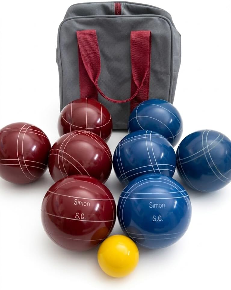 BuyBocceBalls Listing - Made in USA, Premium Quality Engraved Tournament Bocce Set, 998 Grams (2 lbs. 3.2 oz.). Various Bag Colors - 110mm Dark Red and Blue Balls, Nylon Bag
