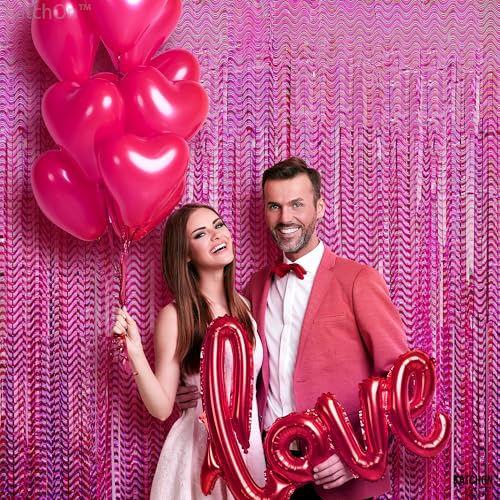 Image of KatchOn, Large Laser Pink Backdrop Curtain - 3.2x8 Feet, Pack of 2 | Laser Pink Fringe for Birthday Wedding Engagement Party Decorations | Graduation Backdrop for Graduation Decorations 2025